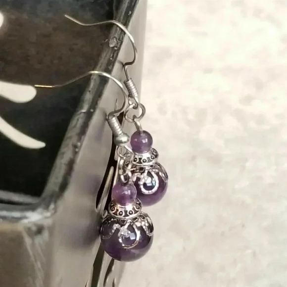 Hand Crafted Amethyst Victorian Lace Art Nouveau Gemstone Bead Drop Earrings - Picture 4 of 6